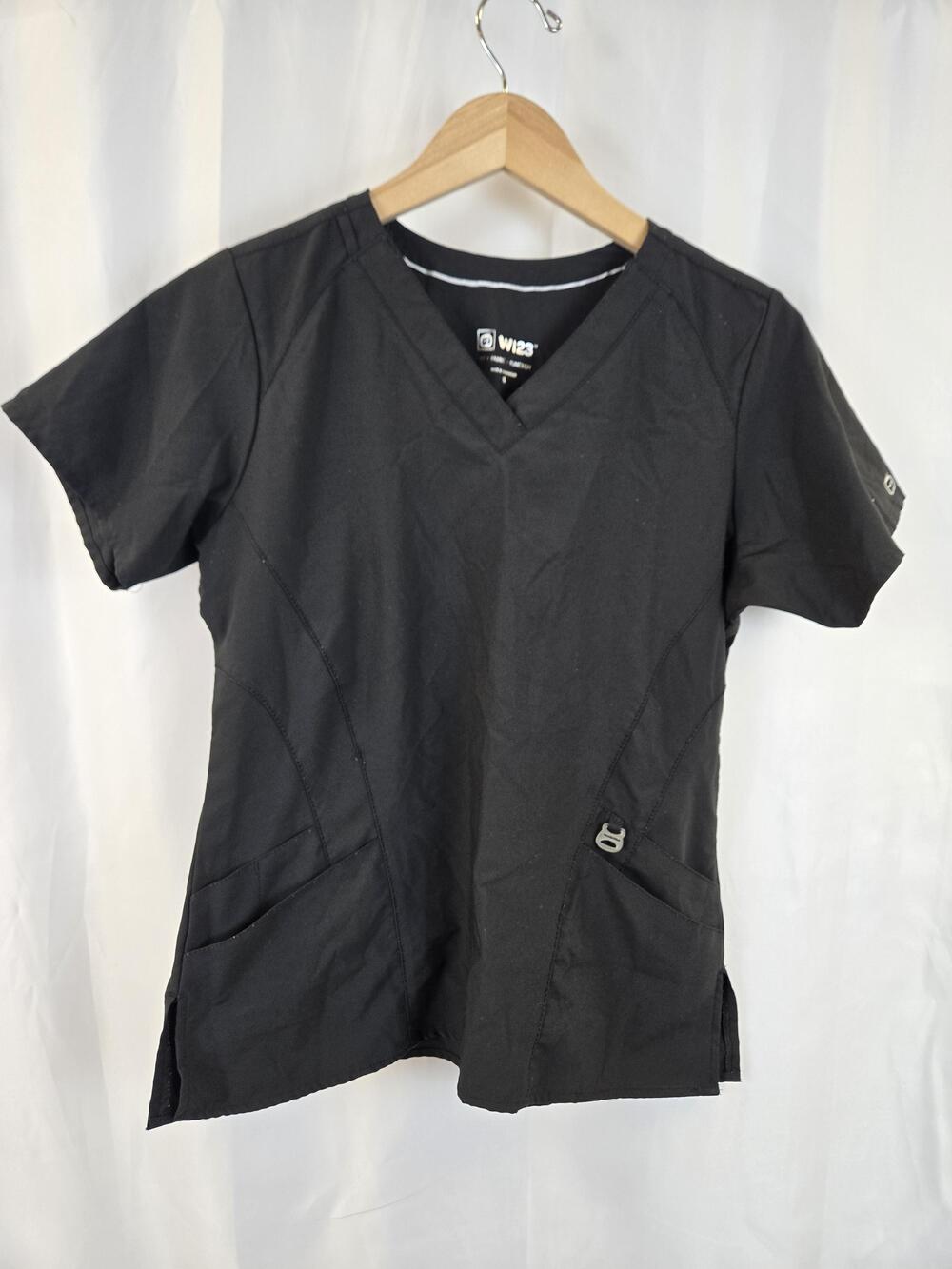 W123 Scrub Top Womens Small Black V Neck Solid Pockets Nursing Medical Shirt